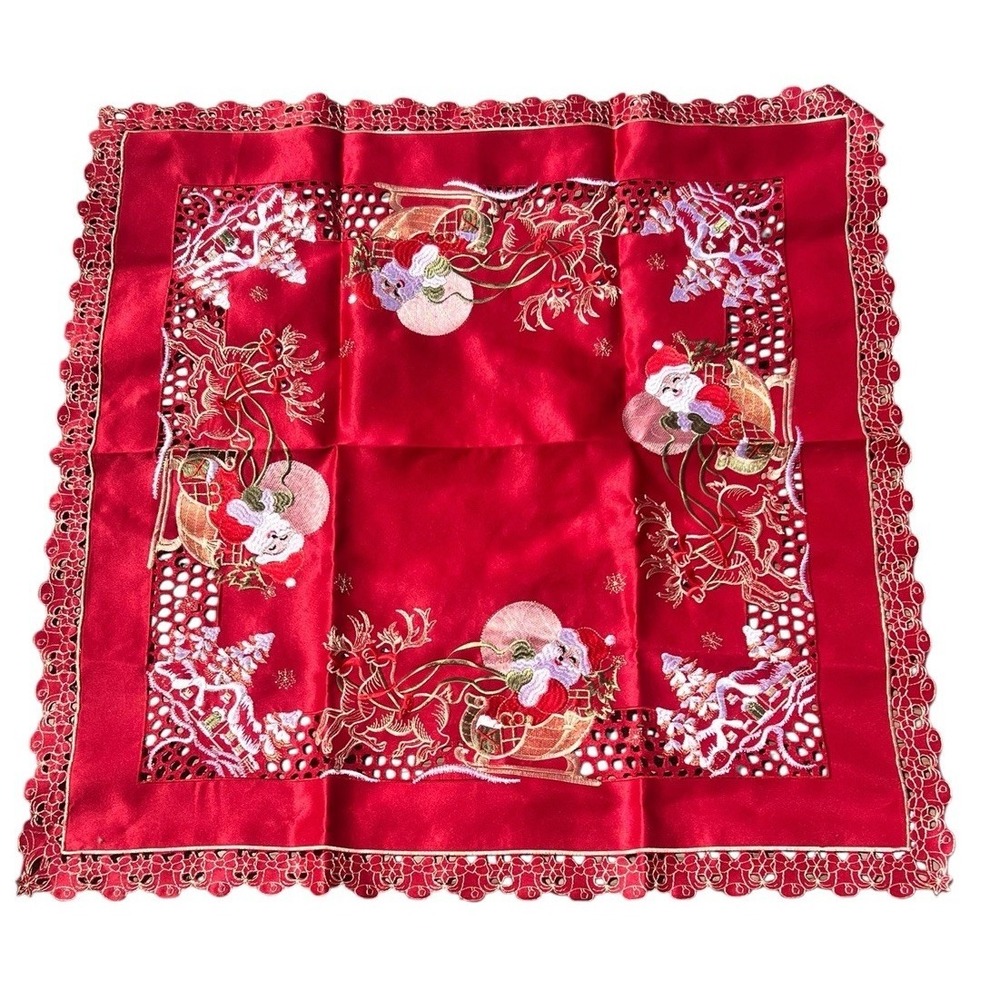 Vtg Red Square Embroidered Santa Sleigh Tablecloth Cutout Scallop Edges 33"